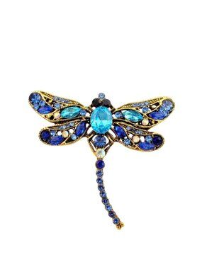 Blue Crystal Dragonfly Brooch Pin Gold Tone
